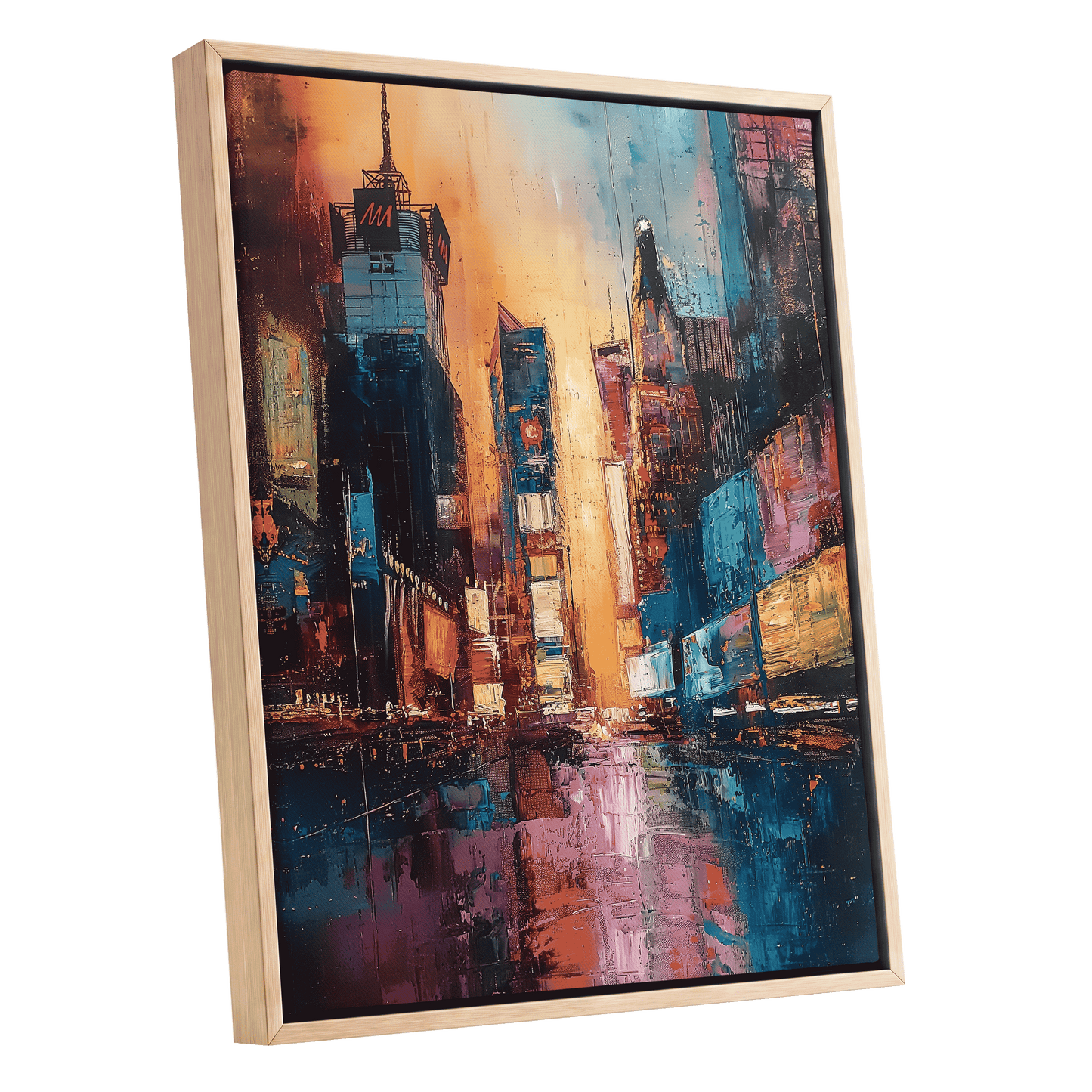 Neon City Afterglow, blue, orange, pink abstract wall art shown as a oak framed canvas wall art