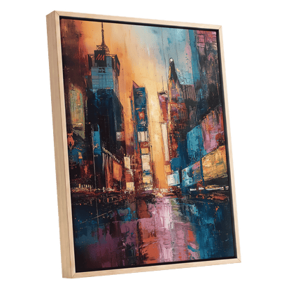 Neon City Afterglow, blue, orange, pink abstract wall art shown as a oak framed canvas wall art