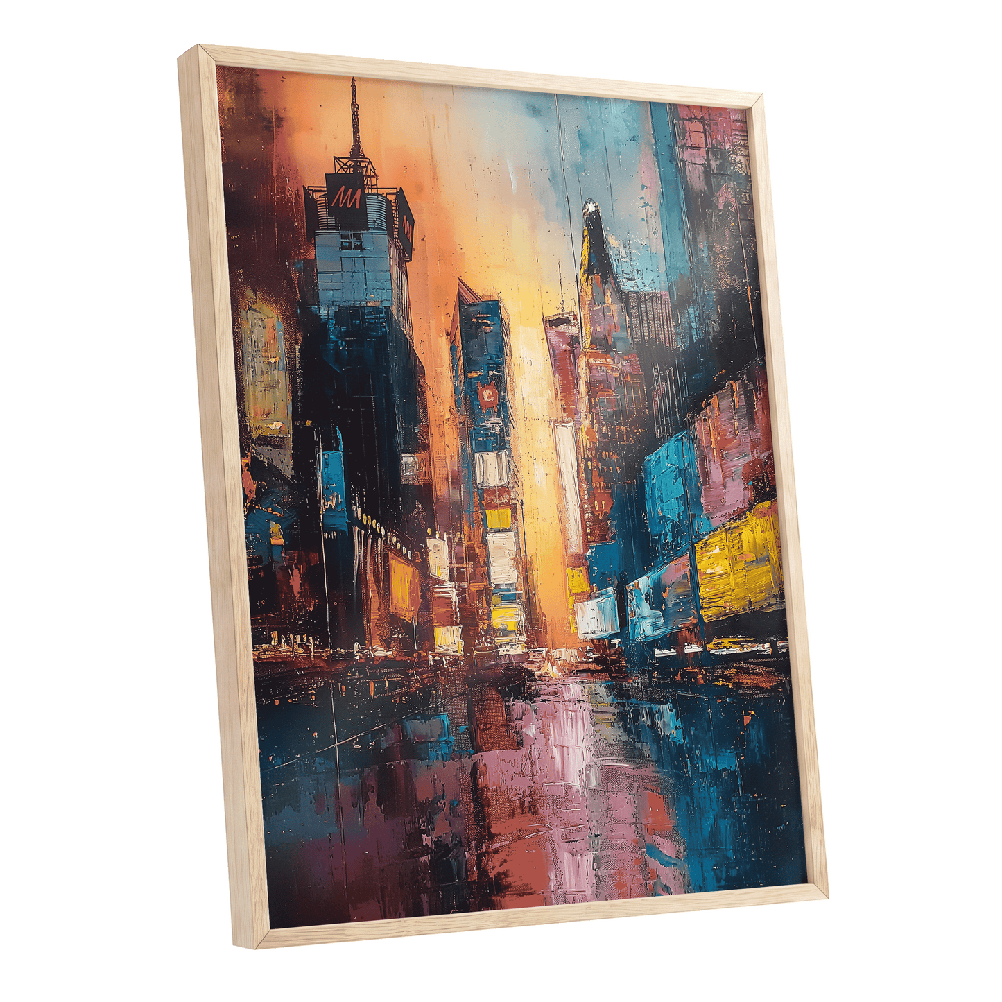 Neon City Afterglow, blue, orange, pink abstract wall art shown as a oak framed poster wall art print
