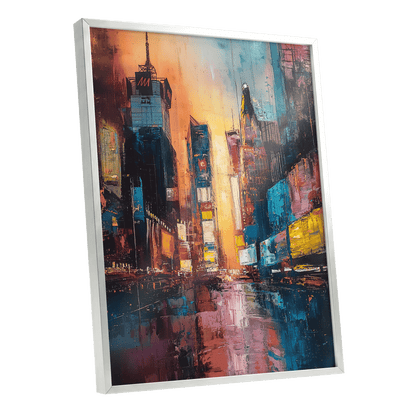Neon City Afterglow, blue, orange, pink abstract wall art shown as a silver framed poster wall art print