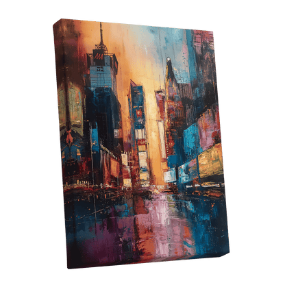 Neon City Afterglow, blue, orange, pink abstract wall art shown as a stretched canvas wall art