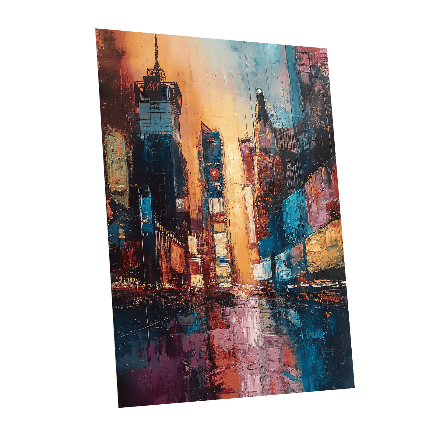 Neon City Afterglow, blue, orange, pink abstract wall art shown as a unframed poster wall art print