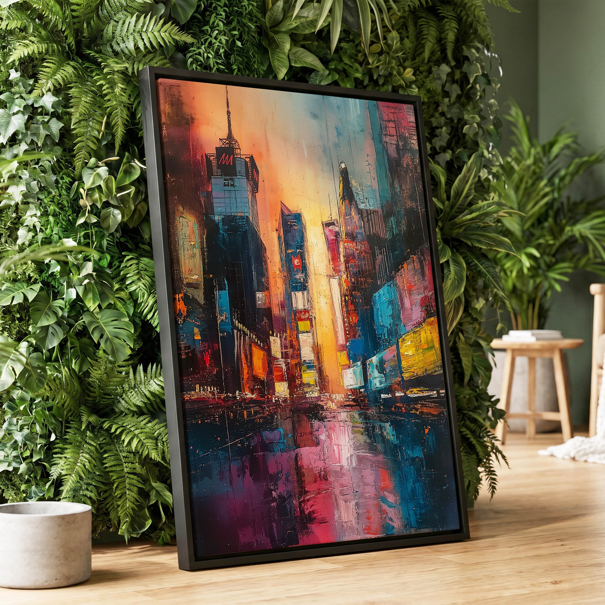 Neon City Afterglow, blue, orange, pink abstract wall art displayed in a styled interior, gallery view 1