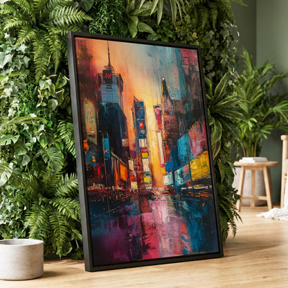 Neon City Afterglow, blue, orange, pink abstract wall art displayed in a styled interior, gallery view 1