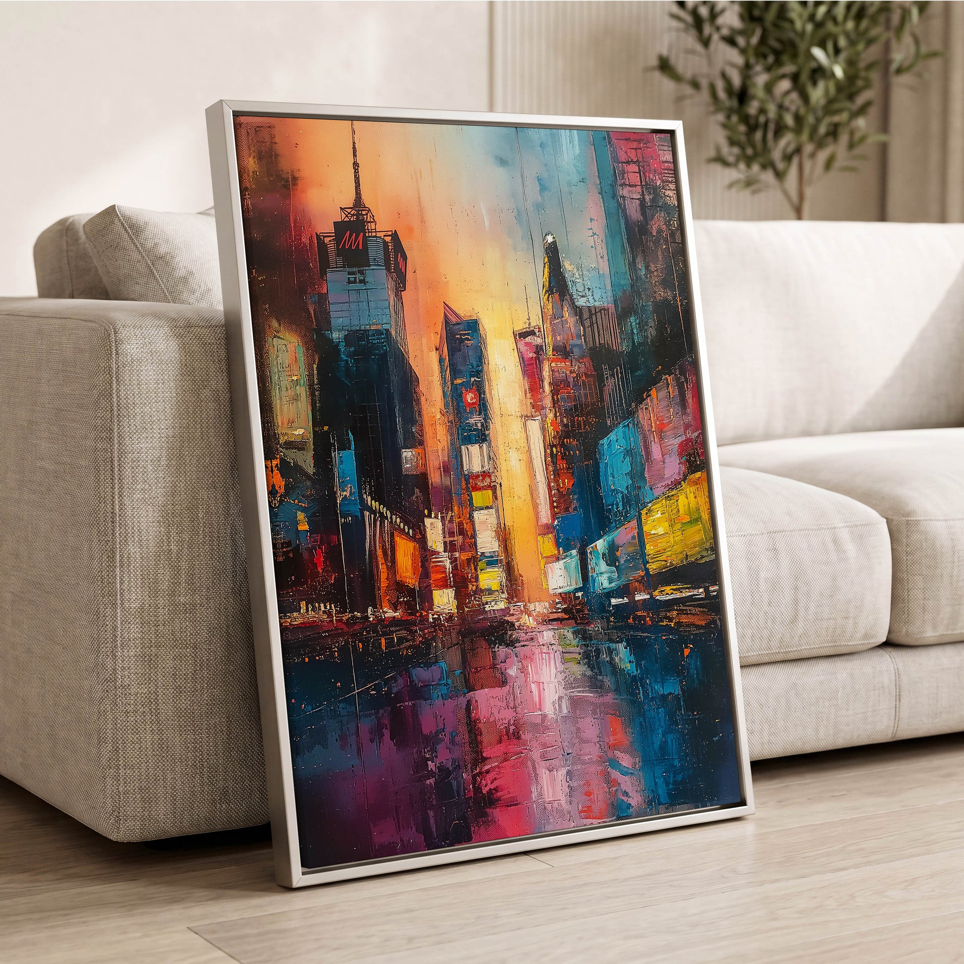 Neon City Afterglow, blue, orange, pink abstract wall art displayed in a styled interior, gallery view 2