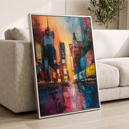 Neon City Afterglow, blue, orange, pink abstract wall art displayed in a styled interior, gallery view 2