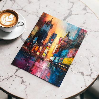 Neon City Afterglow, blue, orange, pink abstract wall art displayed in a styled interior, gallery view 3