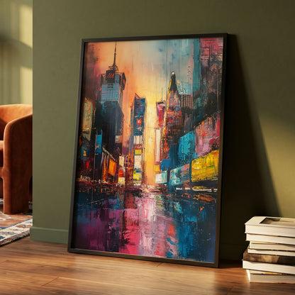 Neon City Afterglow, blue, orange, pink abstract wall art displayed in a styled interior, gallery view 4