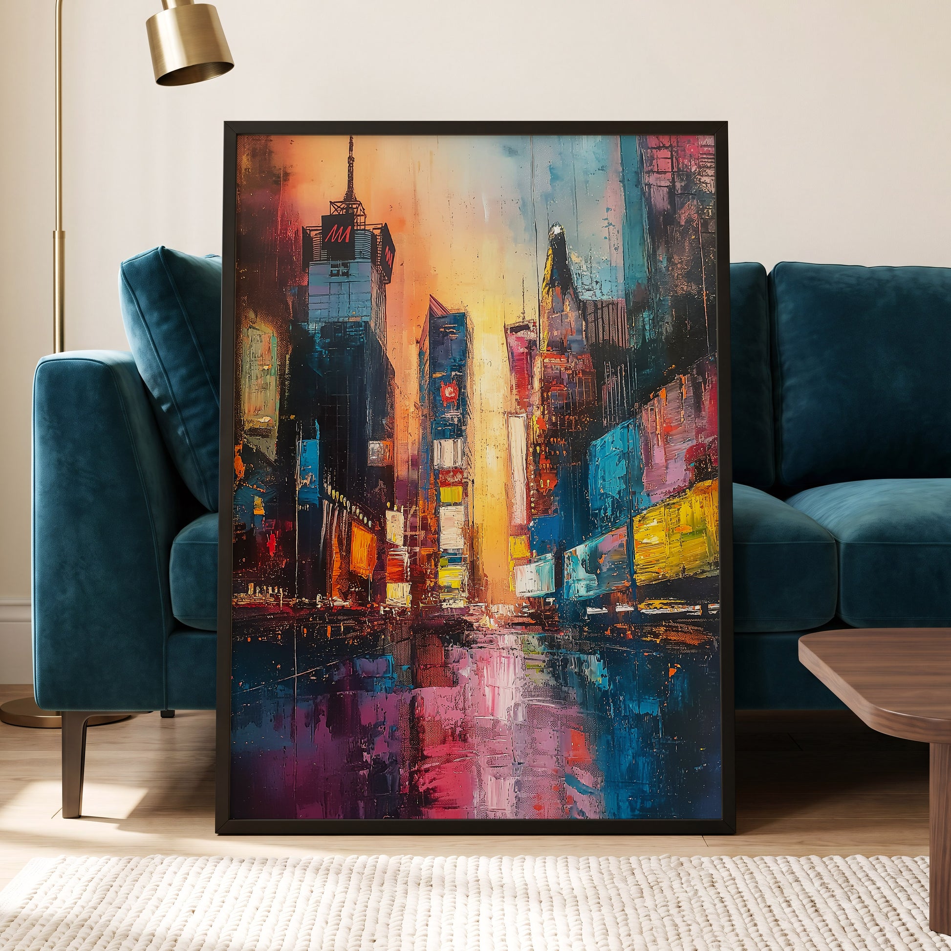 Neon City Afterglow, blue, orange, pink abstract wall art displayed in a styled interior, gallery view 5