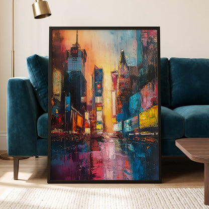 Neon City Afterglow, blue, orange, pink abstract wall art displayed in a styled interior, gallery view 5