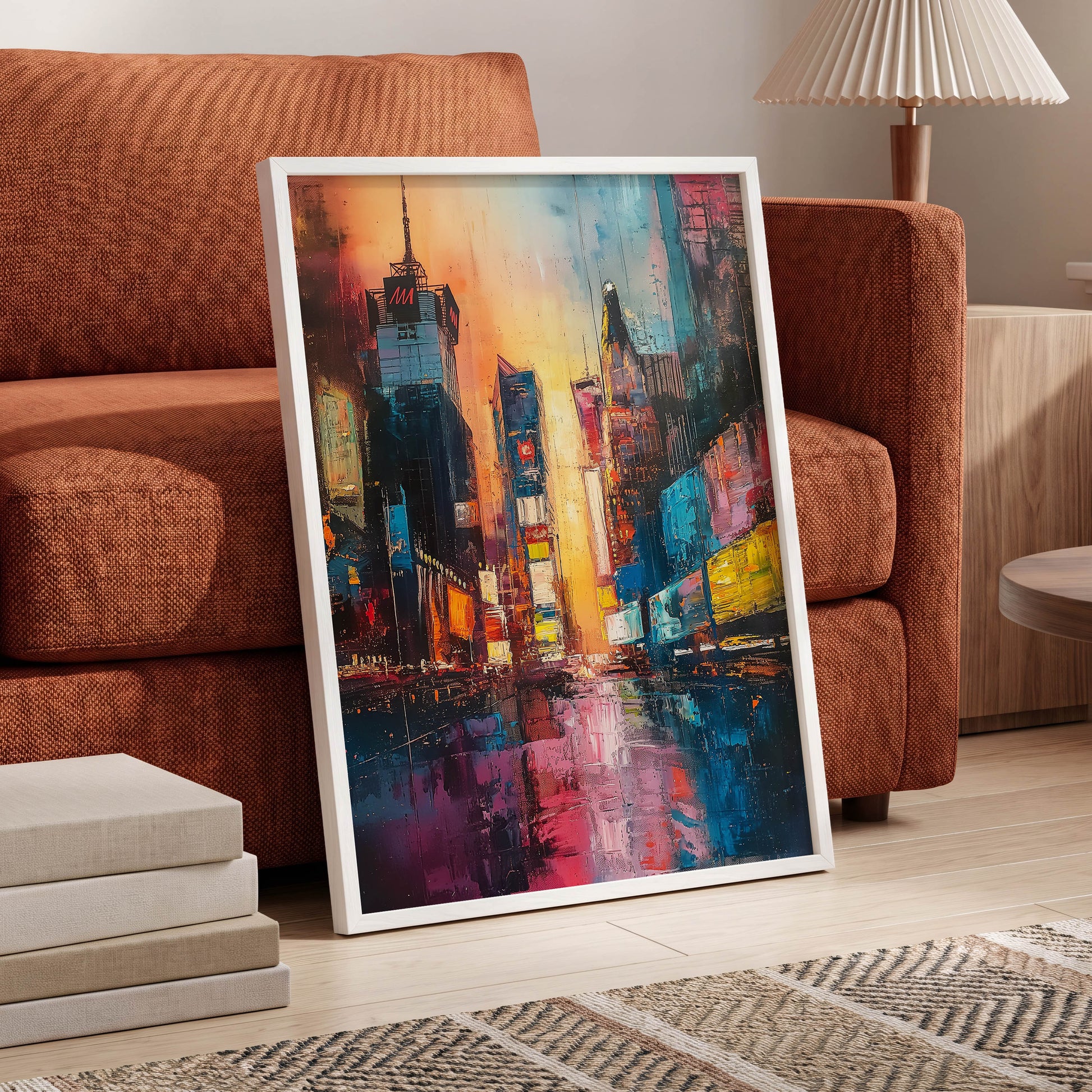 Neon City Afterglow, blue, orange, pink abstract wall art displayed in a styled interior, gallery view 6