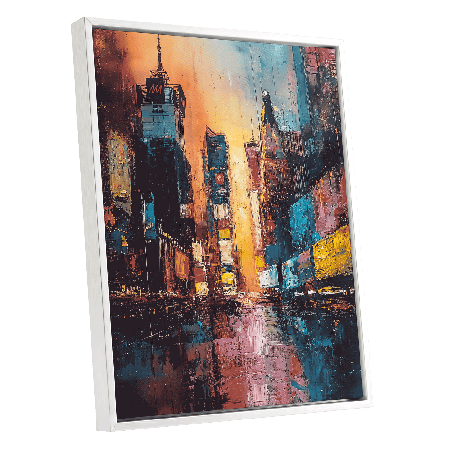 Neon City Afterglow, blue, orange, pink abstract wall art shown as a white framed canvas wall art