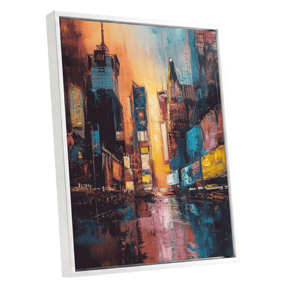 Neon City Afterglow, blue, orange, pink abstract wall art shown as a white framed canvas wall art