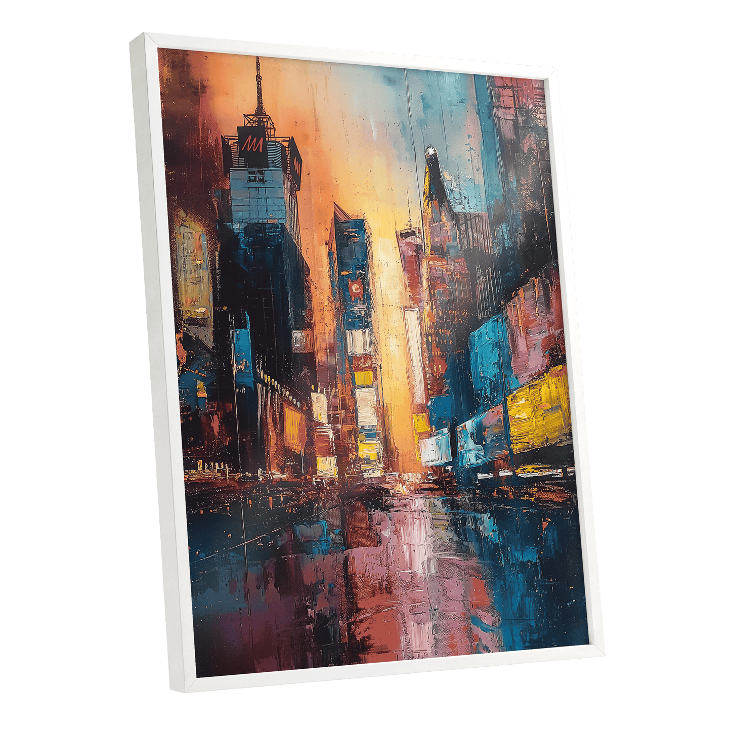 Neon City Afterglow, blue, orange, pink abstract wall art shown as a white framed poster wall art print