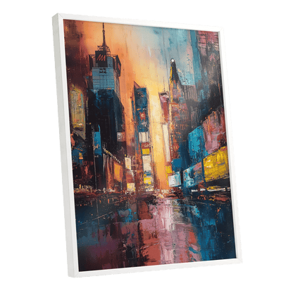 Neon City Afterglow, blue, orange, pink abstract wall art shown as a white framed poster wall art print