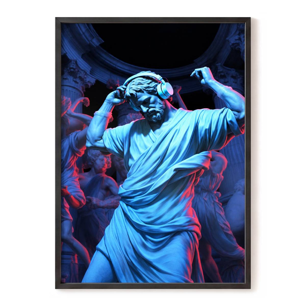Neon Classical Rhythm, blue, red, black abstract wall art, front artwork view