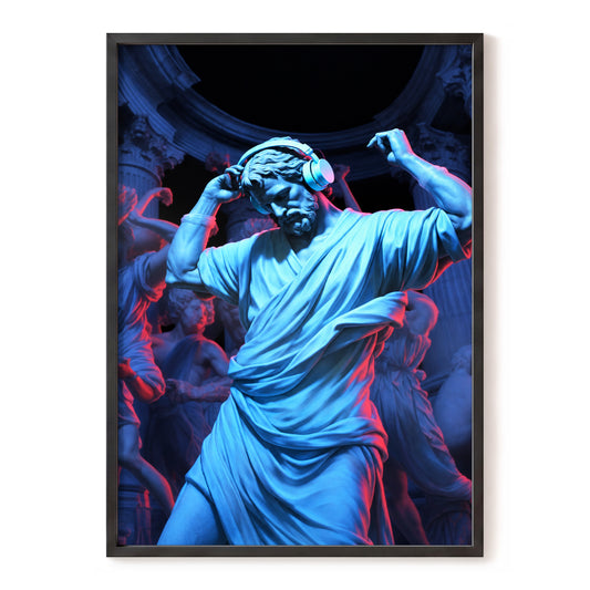 Neon Classical Rhythm, blue, red, black abstract wall art, front artwork view
