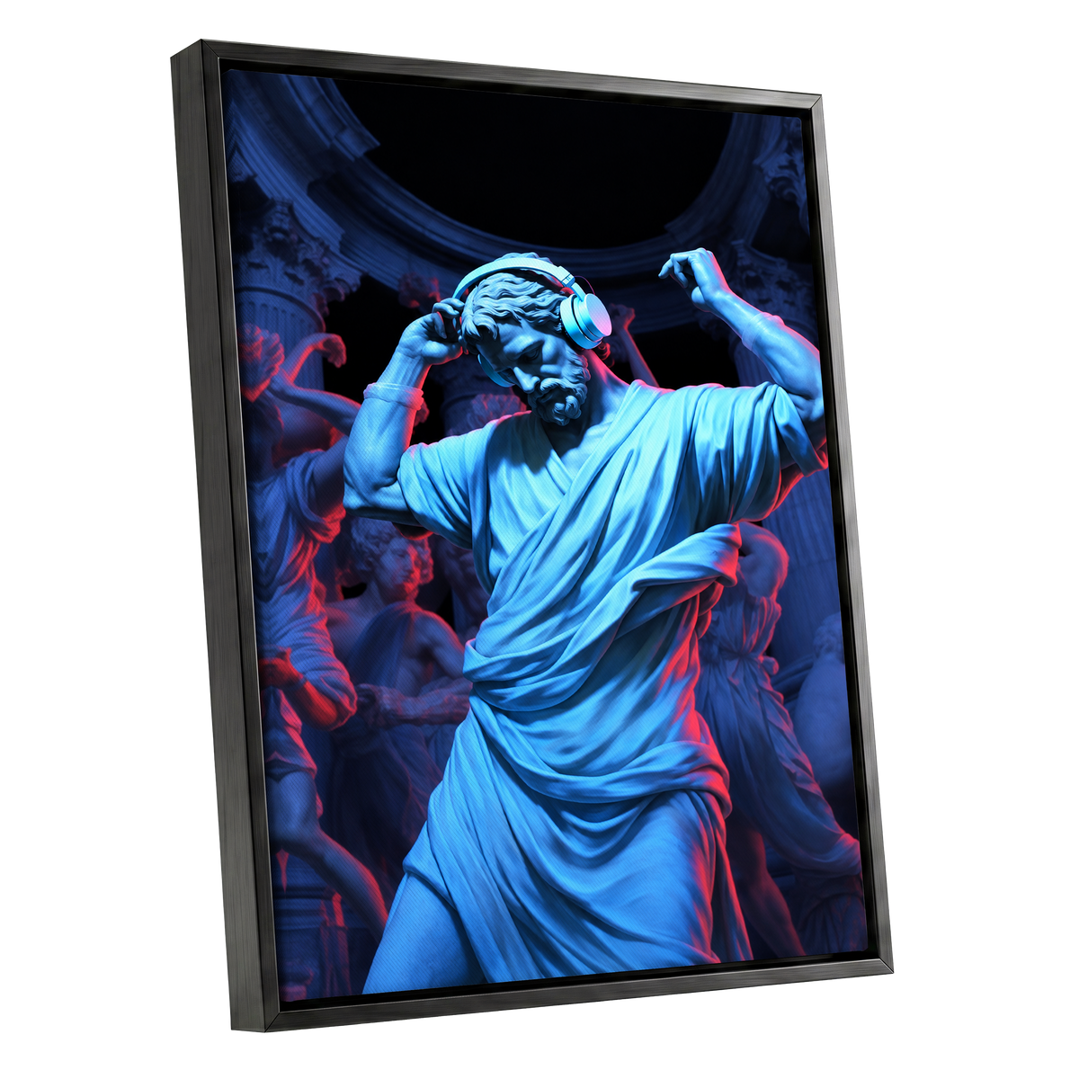Neon Classical Rhythm, blue, red, black abstract wall art shown as a black framed canvas wall art