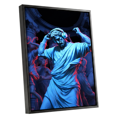 Neon Classical Rhythm, blue, red, black abstract wall art shown as a black framed canvas wall art