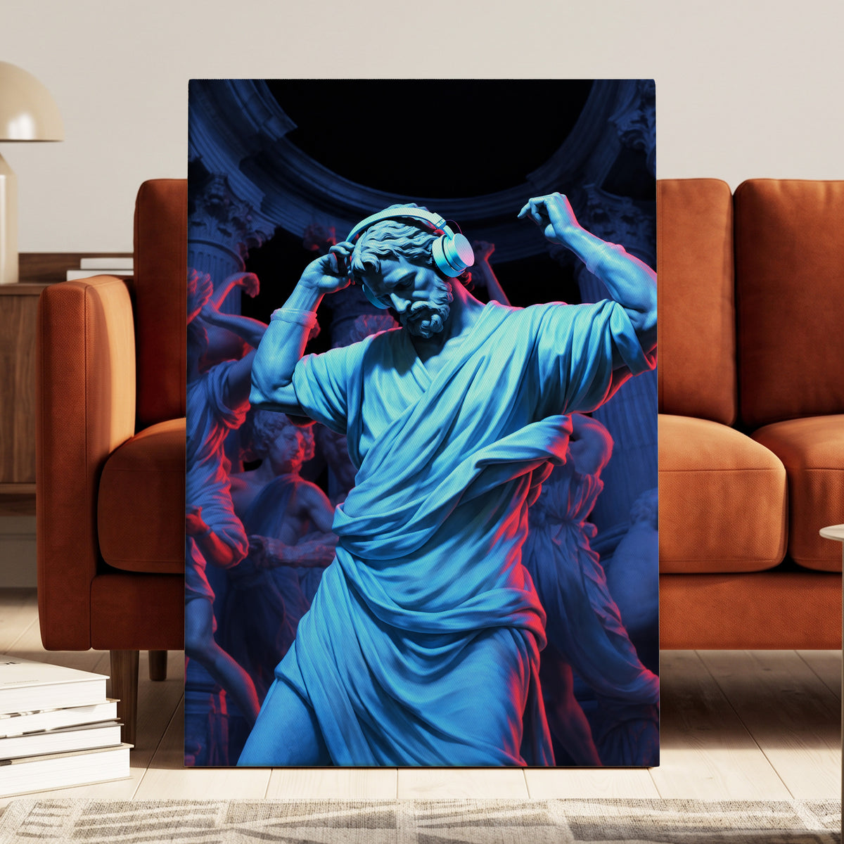 Neon Classical Rhythm, blue, red, black abstract wall art on canvas displayed in a styled interior, gallery view 1