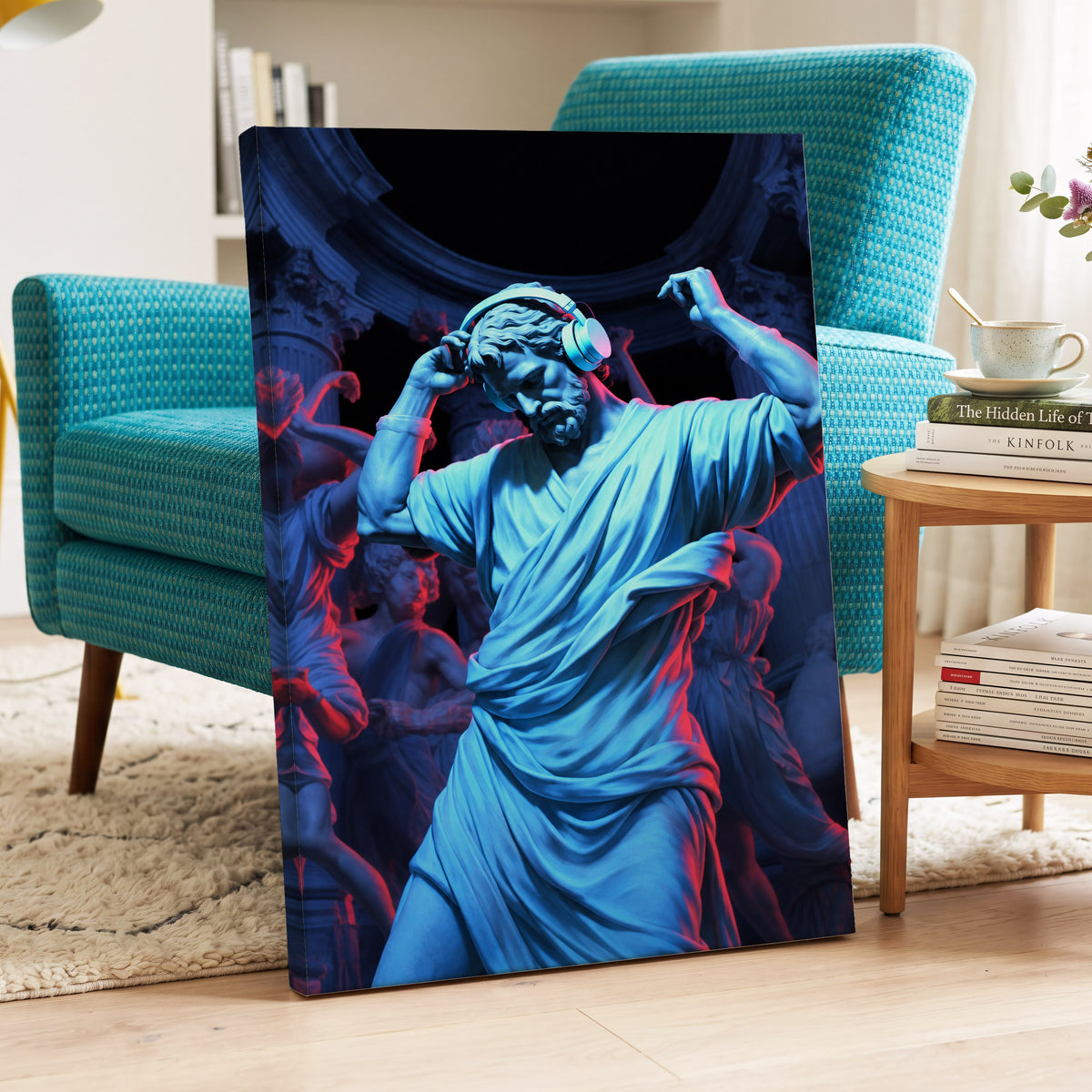 Neon Classical Rhythm, blue, red, black abstract wall art on canvas displayed in a styled interior, gallery view 2