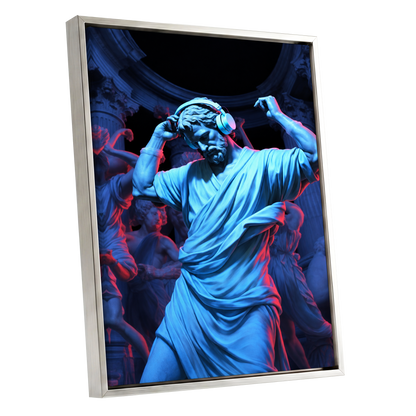 Neon Classical Rhythm, blue, red, black abstract wall art shown as a silver framed canvas wall art