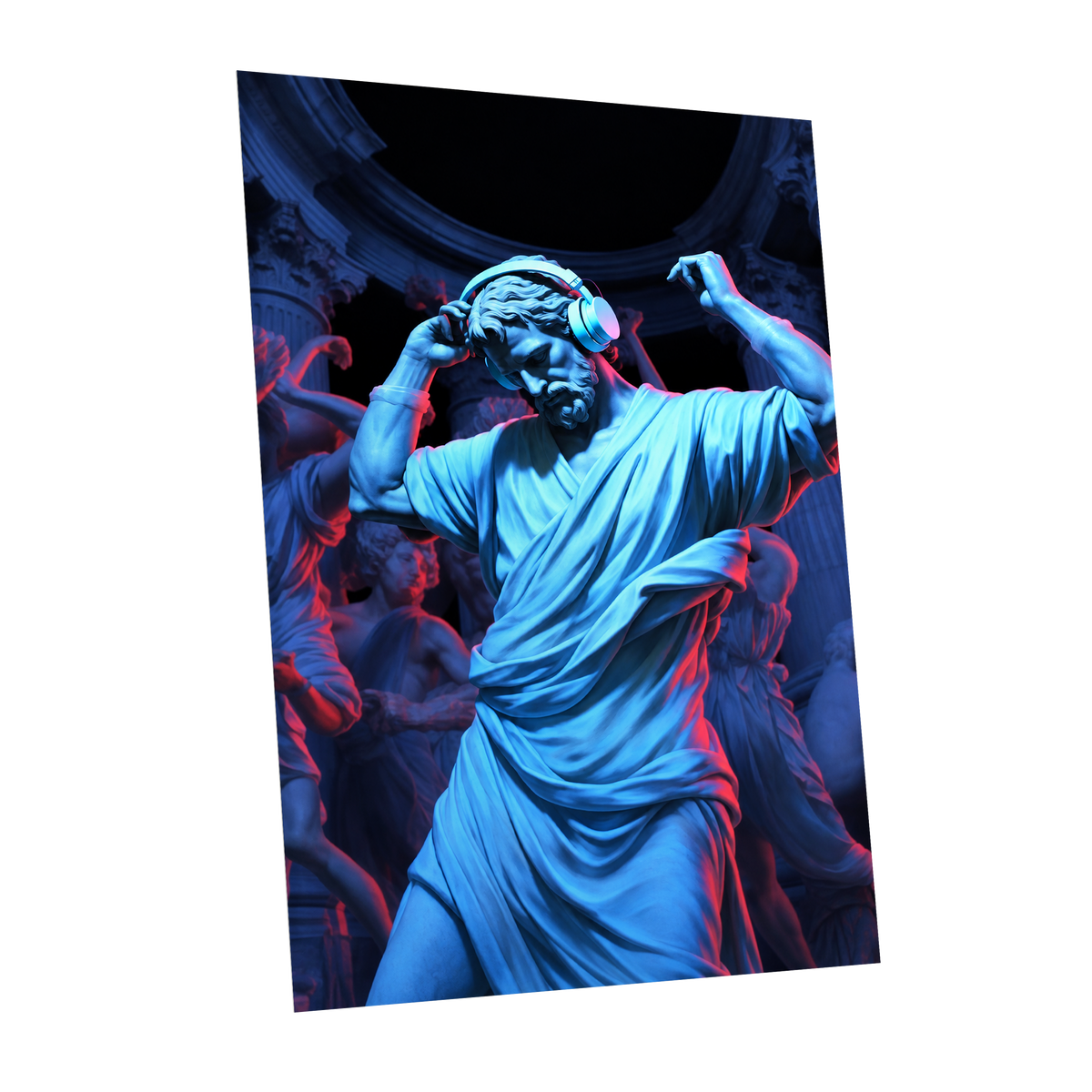 Neon Classical Rhythm, blue, red, black abstract wall art shown as a unframed poster wall art print