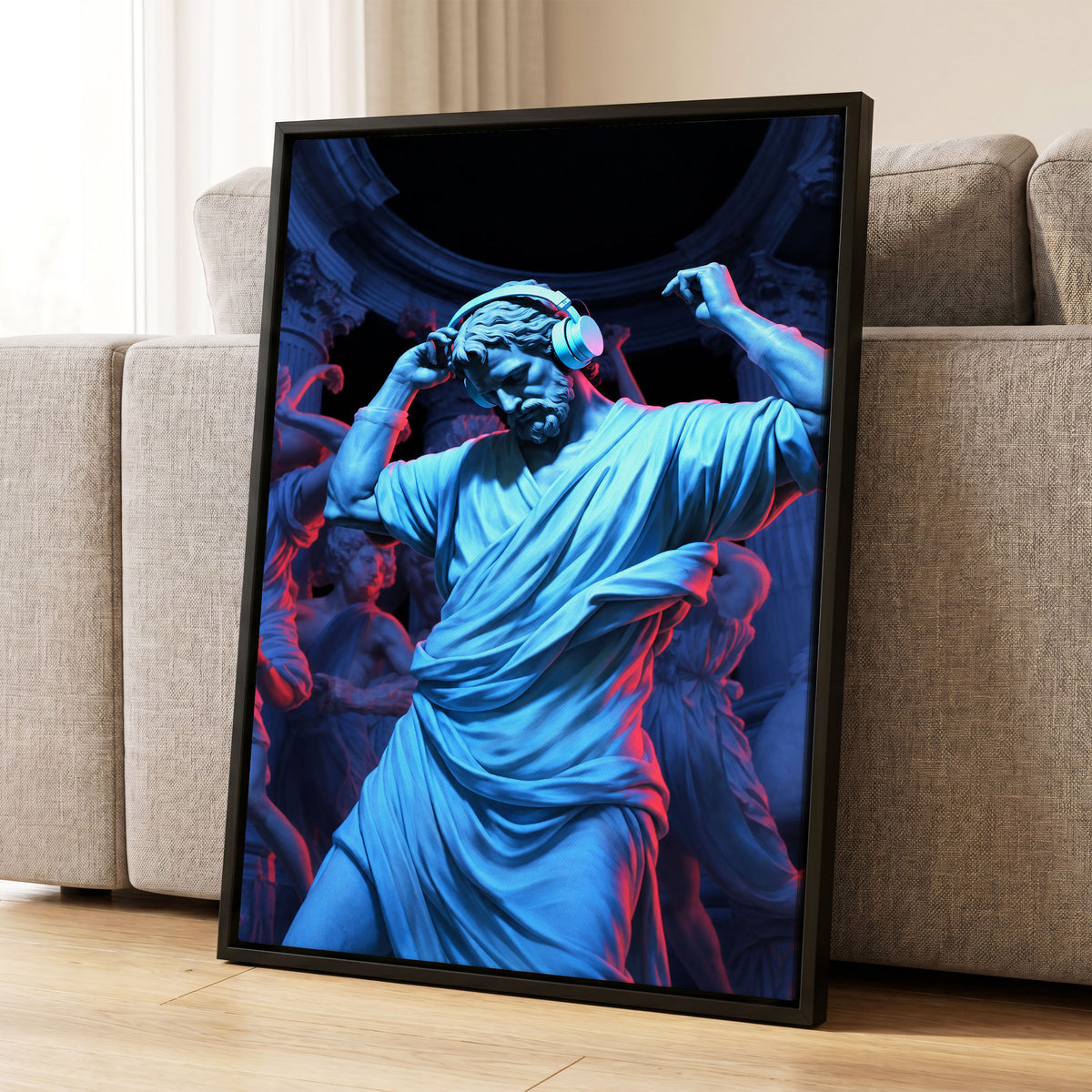 Neon Classical Rhythm, blue, red, black abstract wall art displayed in a styled interior, gallery view 1