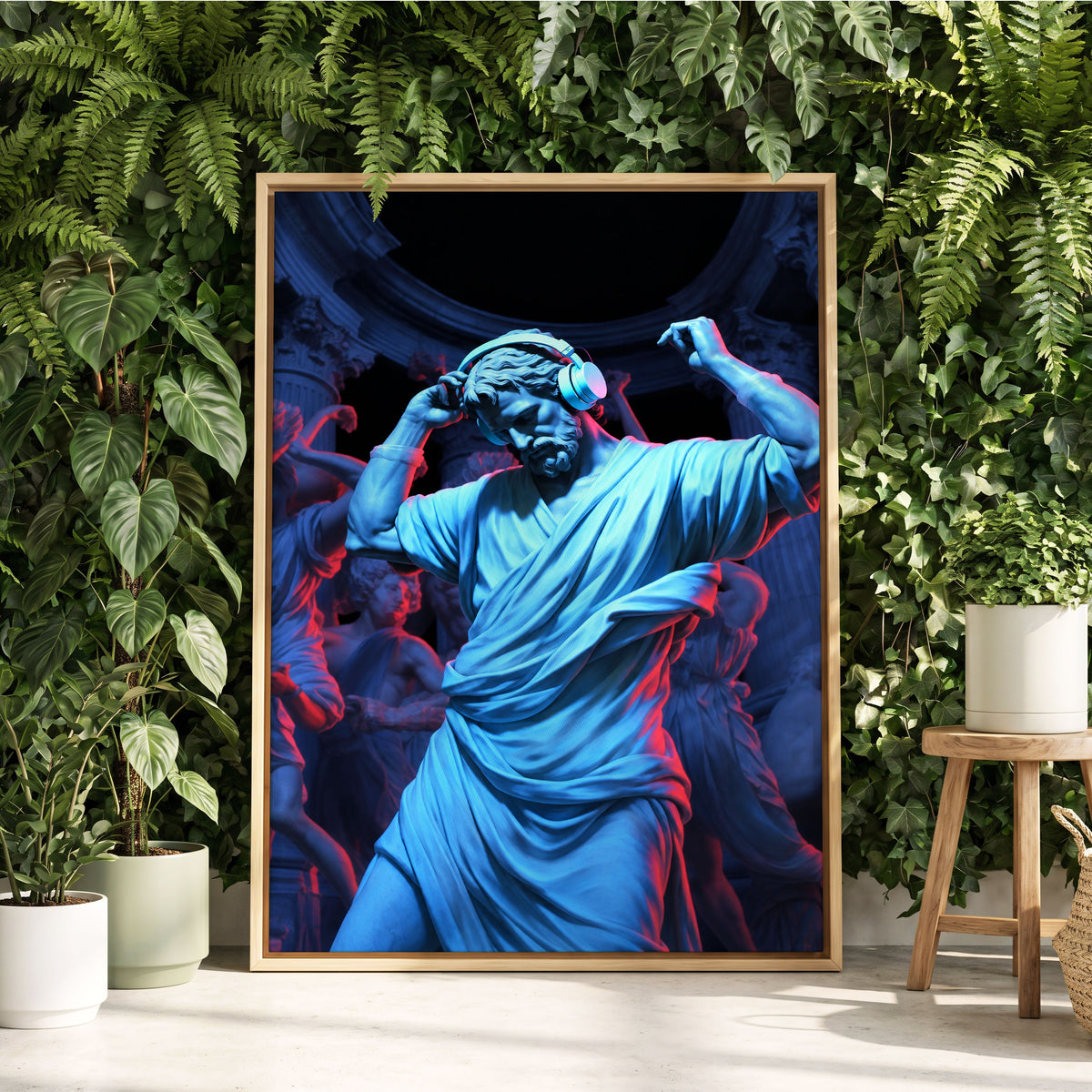Neon Classical Rhythm, blue, red, black abstract wall art displayed in a styled interior, gallery view 2