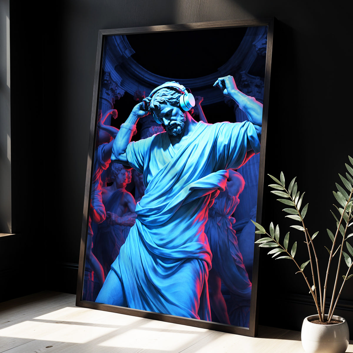 Neon Classical Rhythm, blue, red, black abstract wall art displayed in a styled interior, gallery view 3