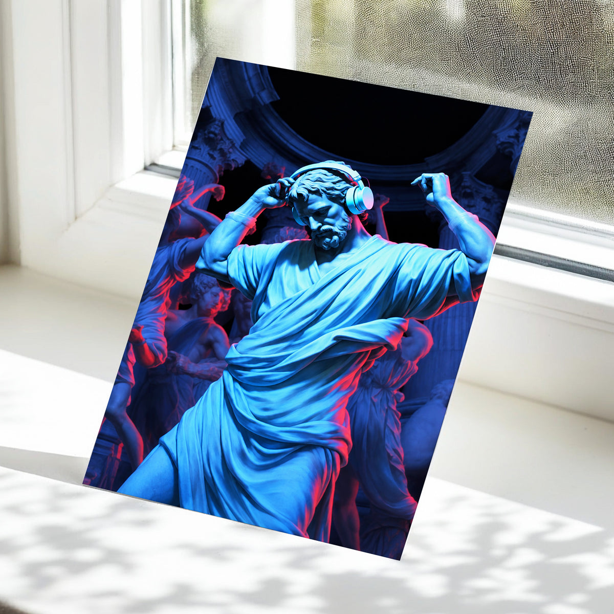 Neon Classical Rhythm, blue, red, black abstract wall art displayed in a styled interior, gallery view 5