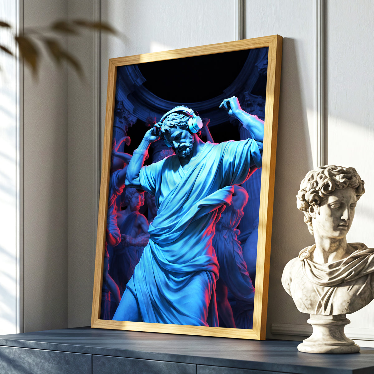 Neon Classical Rhythm, blue, red, black abstract wall art displayed in a styled interior, gallery view 6