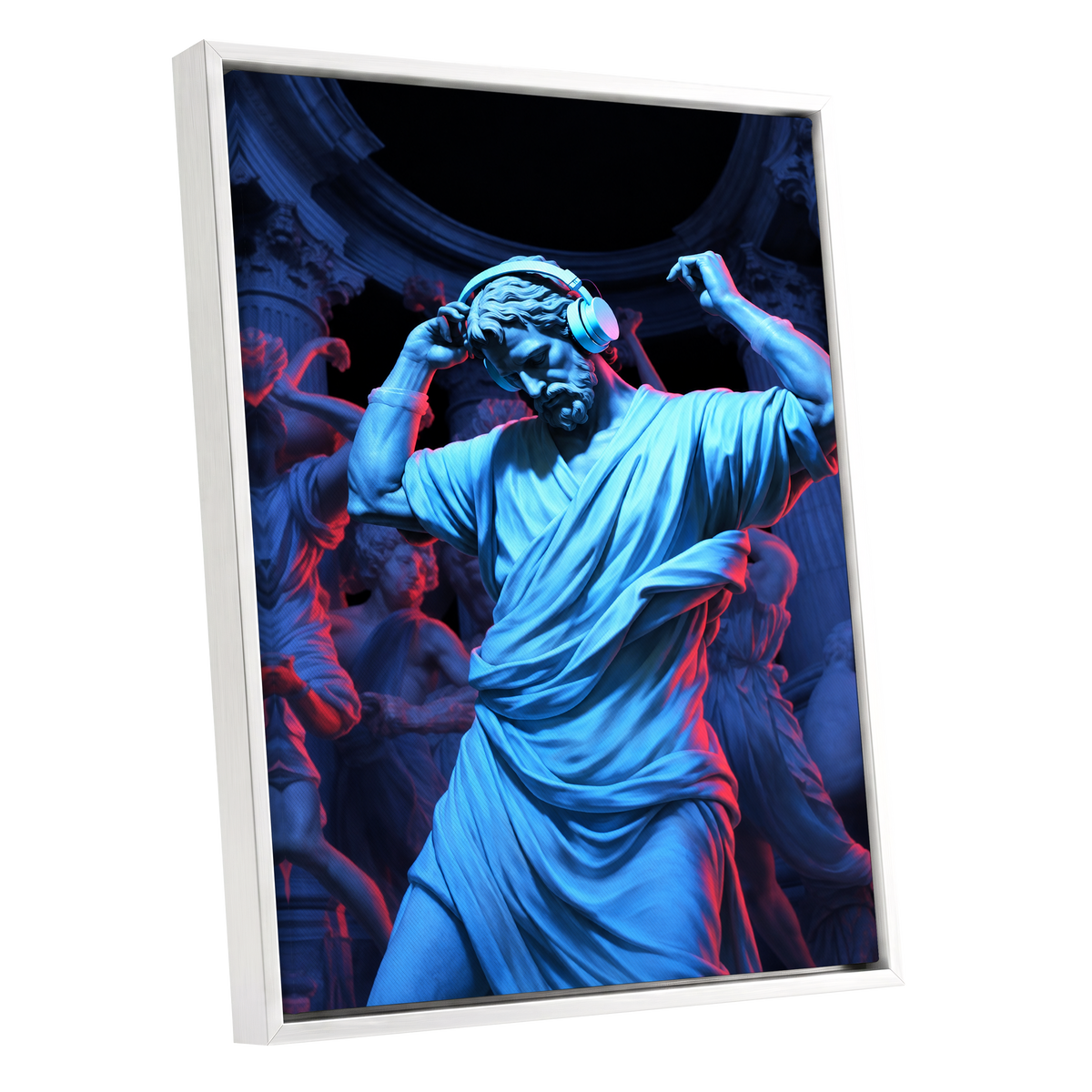 Neon Classical Rhythm, blue, red, black abstract wall art shown as a white framed canvas wall art