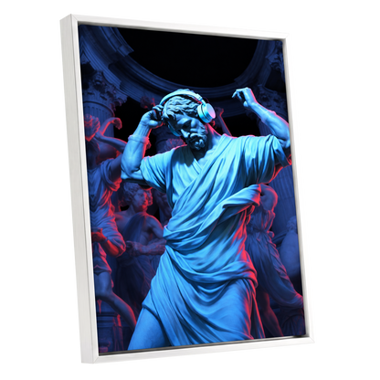 Neon Classical Rhythm, blue, red, black abstract wall art shown as a white framed canvas wall art