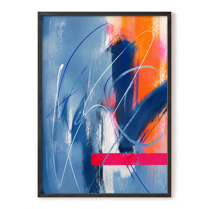 Neon Crossings, blue, orange, pink abstract wall art, front artwork view
