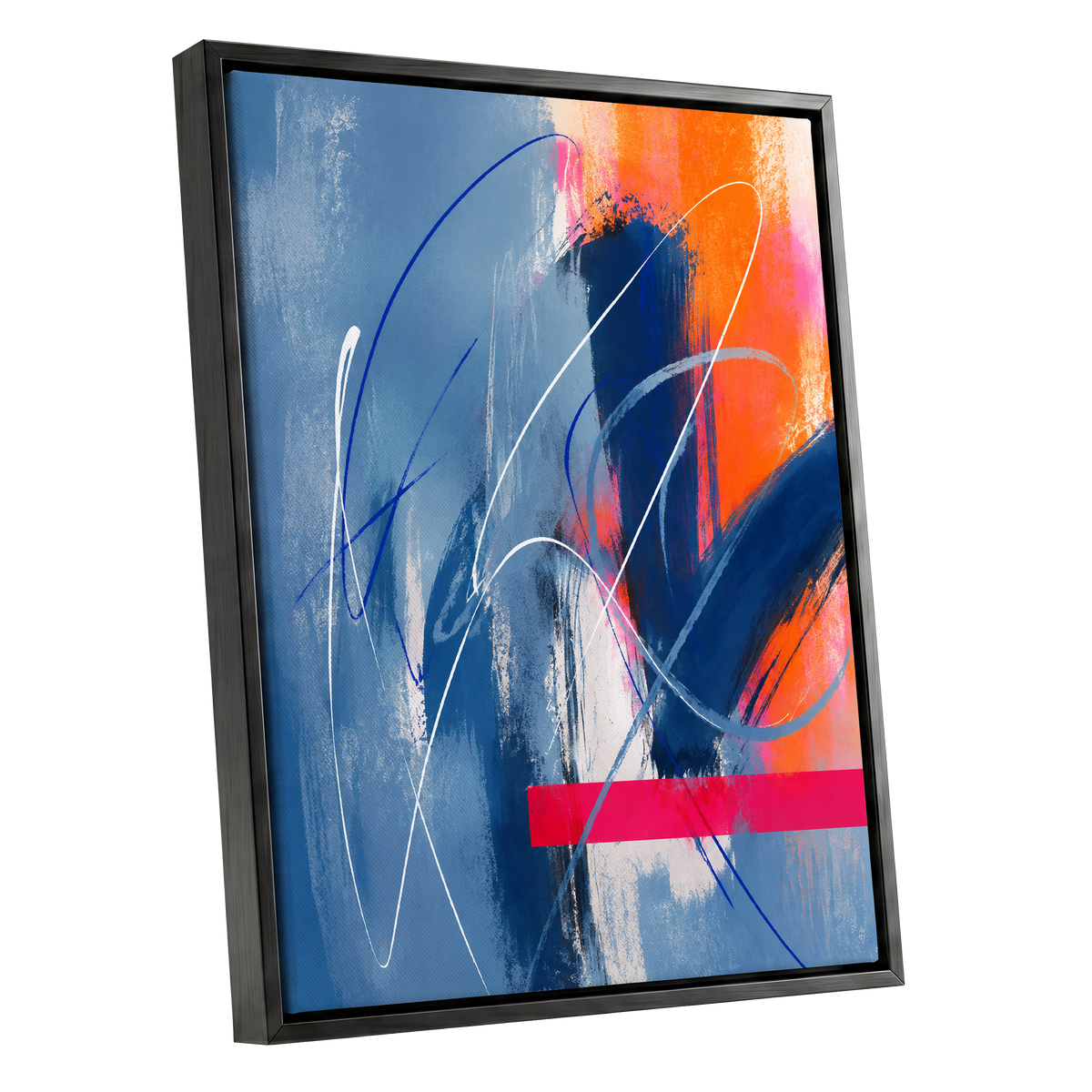Neon Crossings, blue, orange, pink abstract wall art shown as a black framed canvas wall art