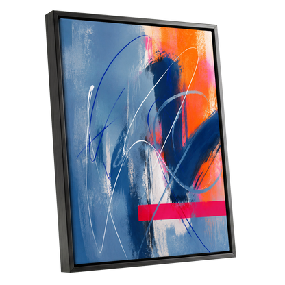 Neon Crossings, blue, orange, pink abstract wall art shown as a black framed canvas wall art