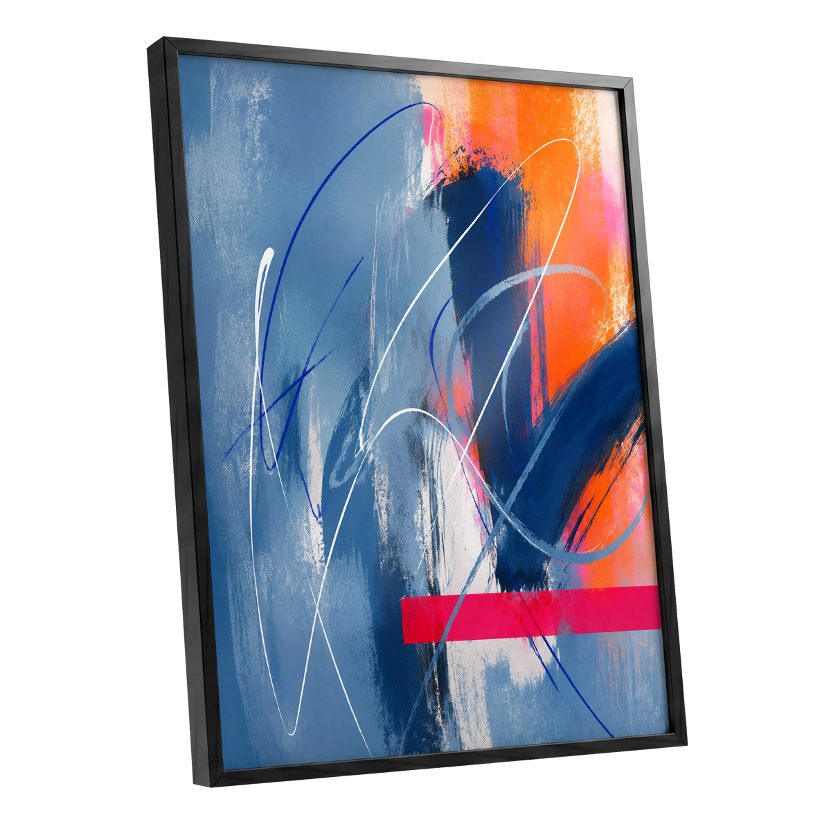 Neon Crossings, blue, orange, pink abstract wall art shown as a black framed poster wall art print