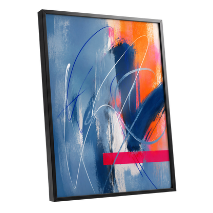 Neon Crossings, blue, orange, pink abstract wall art shown as a black framed poster wall art print