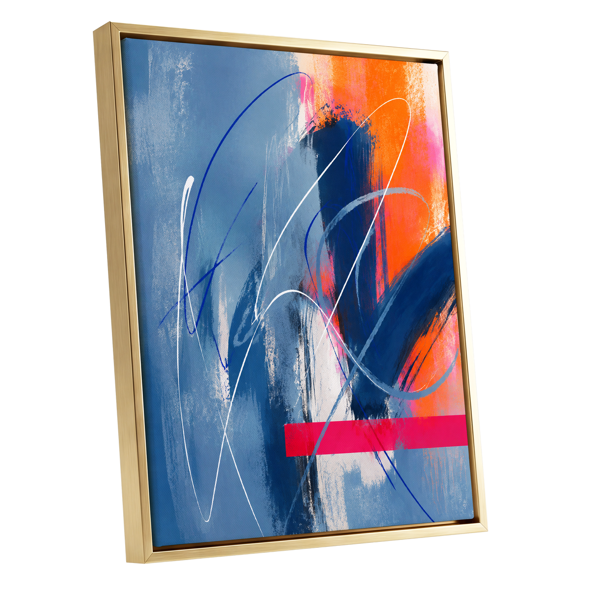 Neon Crossings, blue, orange, pink abstract wall art shown as a gold framed canvas wall art