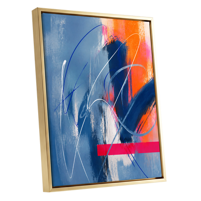 Neon Crossings, blue, orange, pink abstract wall art shown as a gold framed canvas wall art