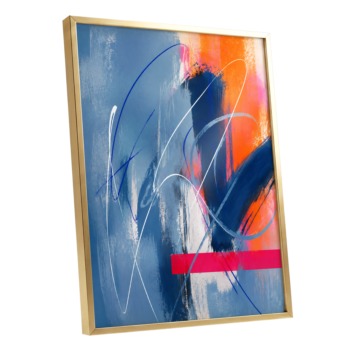 Neon Crossings, blue, orange, pink abstract wall art shown as a gold framed poster wall art print