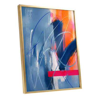 Neon Crossings, blue, orange, pink abstract wall art shown as a gold framed poster wall art print