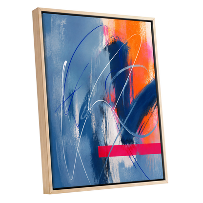 Neon Crossings, blue, orange, pink abstract wall art shown as a oak framed canvas wall art