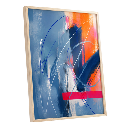 Neon Crossings, blue, orange, pink abstract wall art shown as a oak framed poster wall art print