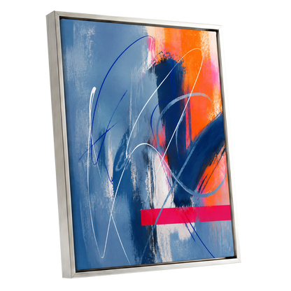 Neon Crossings, blue, orange, pink abstract wall art shown as a silver framed canvas wall art