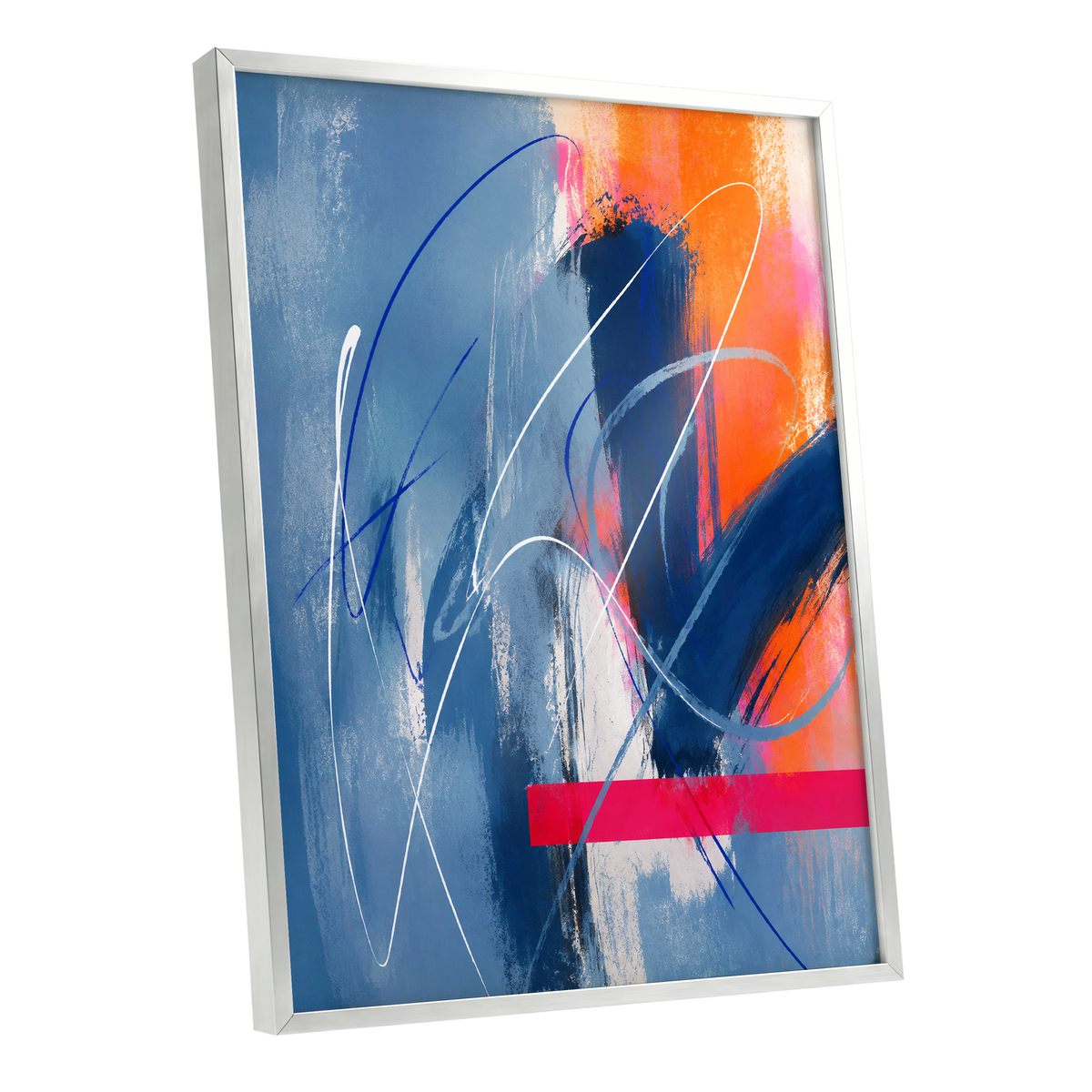 Neon Crossings, blue, orange, pink abstract wall art shown as a silver framed poster wall art print