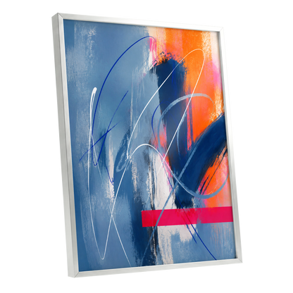 Neon Crossings, blue, orange, pink abstract wall art shown as a silver framed poster wall art print