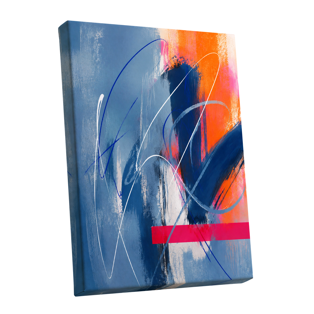 Neon Crossings, blue, orange, pink abstract wall art shown as a stretched canvas wall art