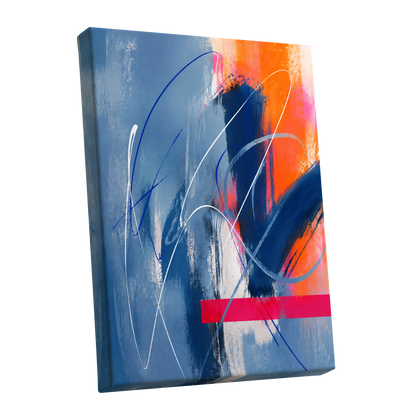 Neon Crossings, blue, orange, pink abstract wall art shown as a stretched canvas wall art